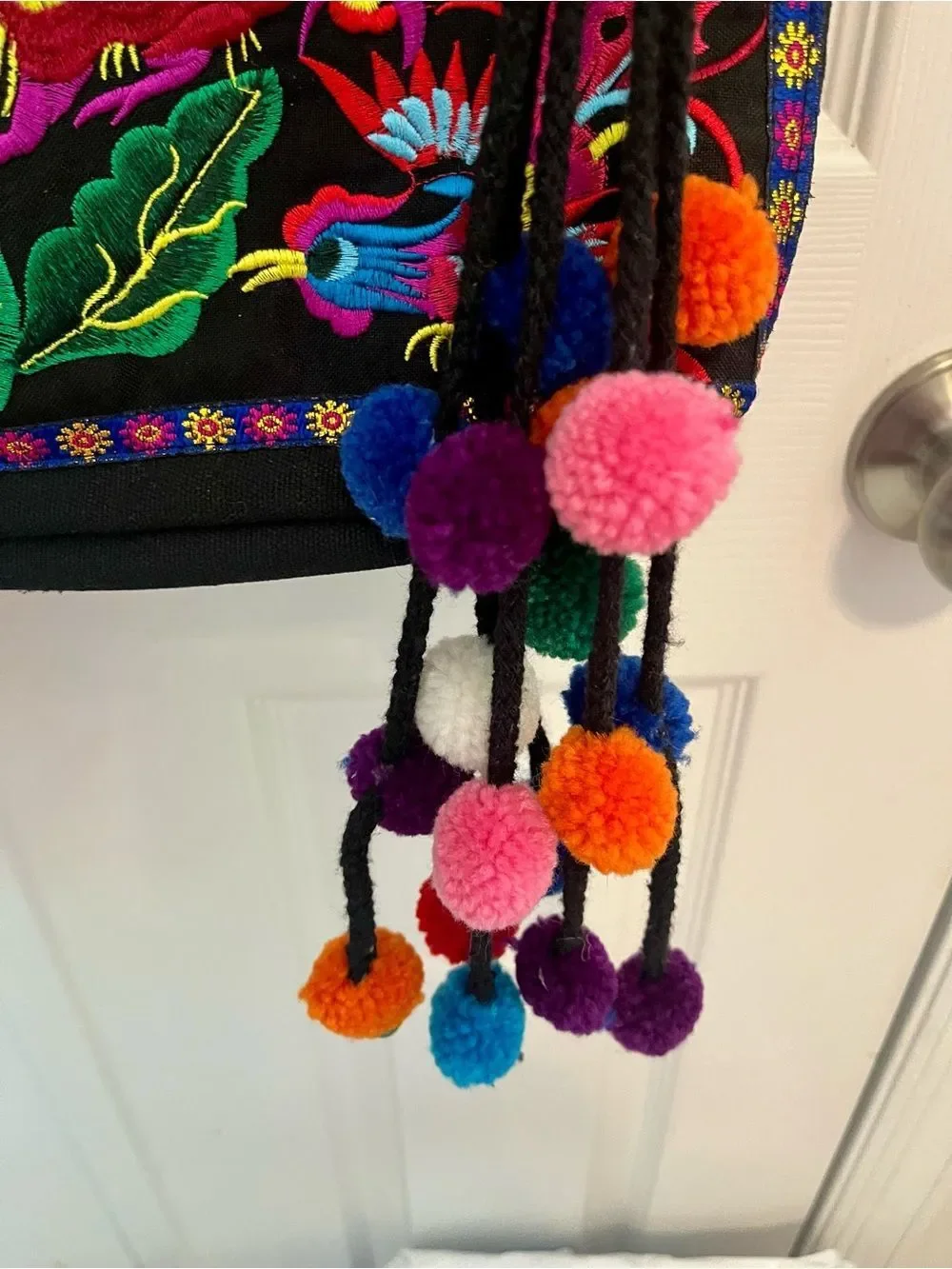Boho Embroidered Floral & Bird Convertible Tote Backpack w/Pom Pom Tassels NWOT